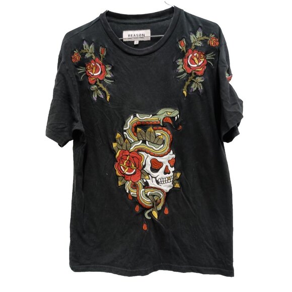 Reason Other - Reason Mens T-Shirt Medium Black Embroidered Graphic Short Sleeve Grunge Gothic